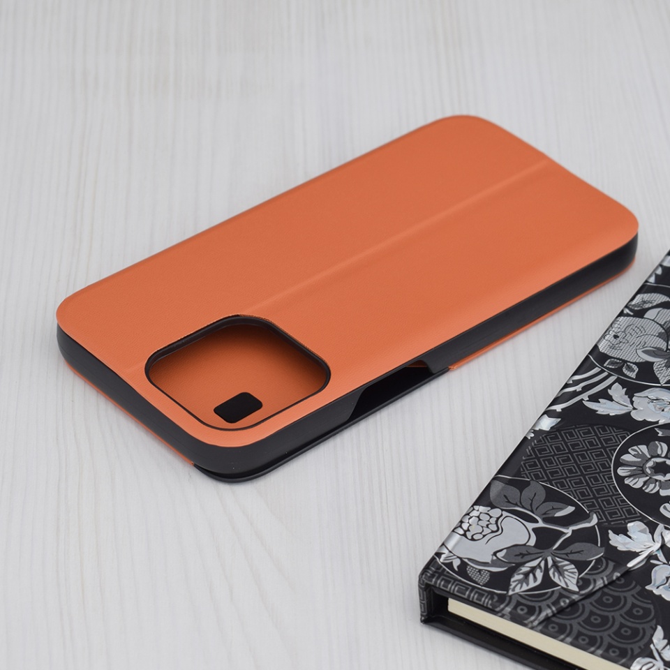 Husa pentru iPhone 15 Pro Max, SKYDDAR INNOVATION, eFold, tip carte, Portocaliu, set cu sticker - 1 | YEO