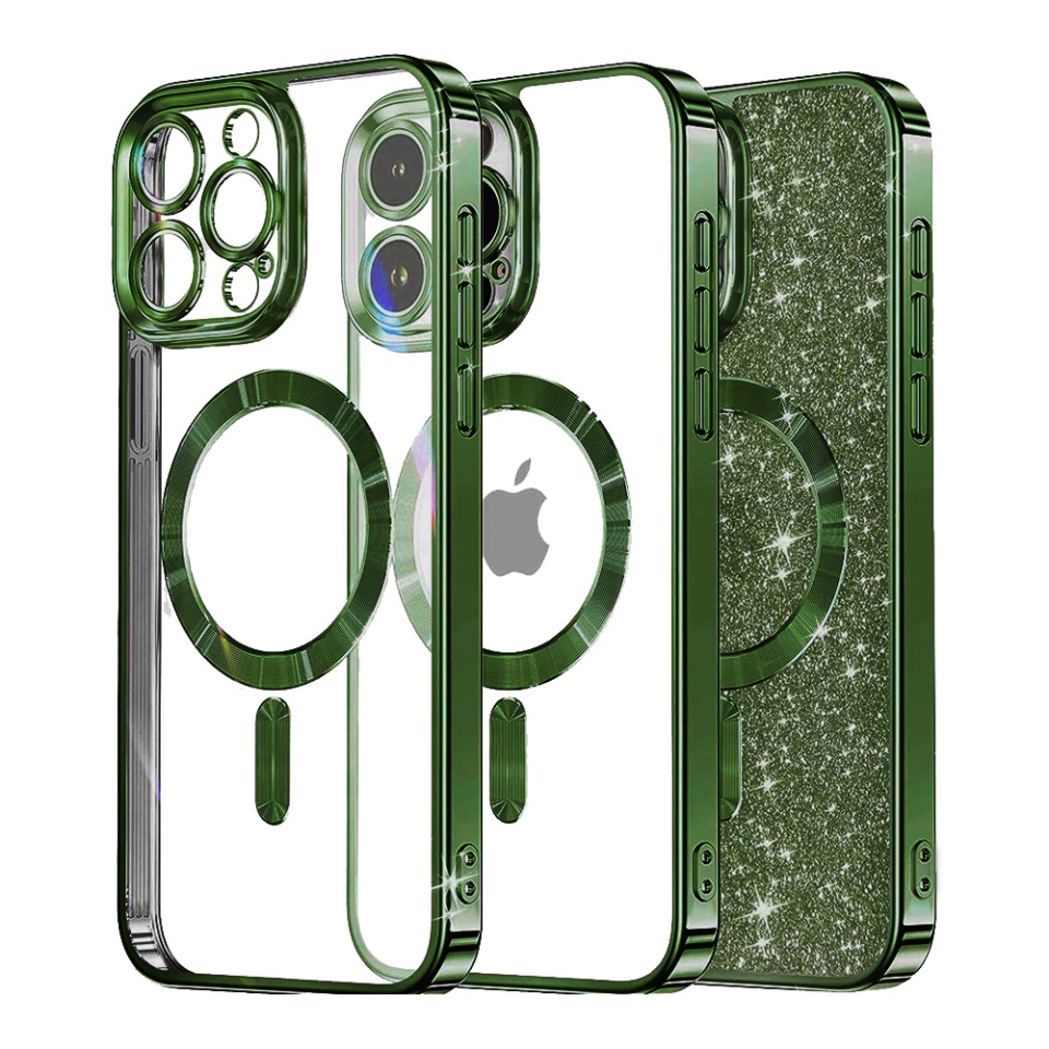 Husa pentru iPhone 15 Pro Max, SKYDDAR INNOVATION, Luxury Glitter Magsafe, Antisoc, Fundal Detasabil 2-in-1, Protectie Superioara, Margini Ridicate, Verde, set cu sticker