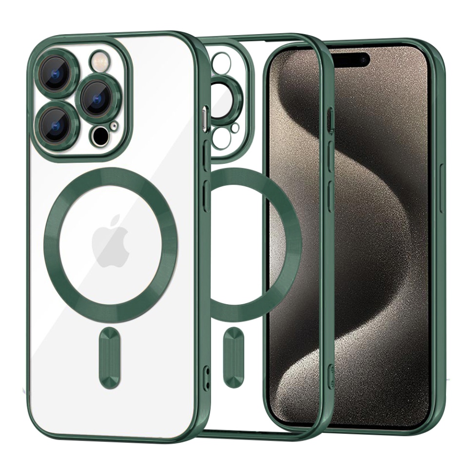 Husa pentru iPhone 15 Pro Max, SKYDDAR INNOVATION, Luxury Shield Magsafe, Protectie Antisoc, Verde inchis, set cu sticker