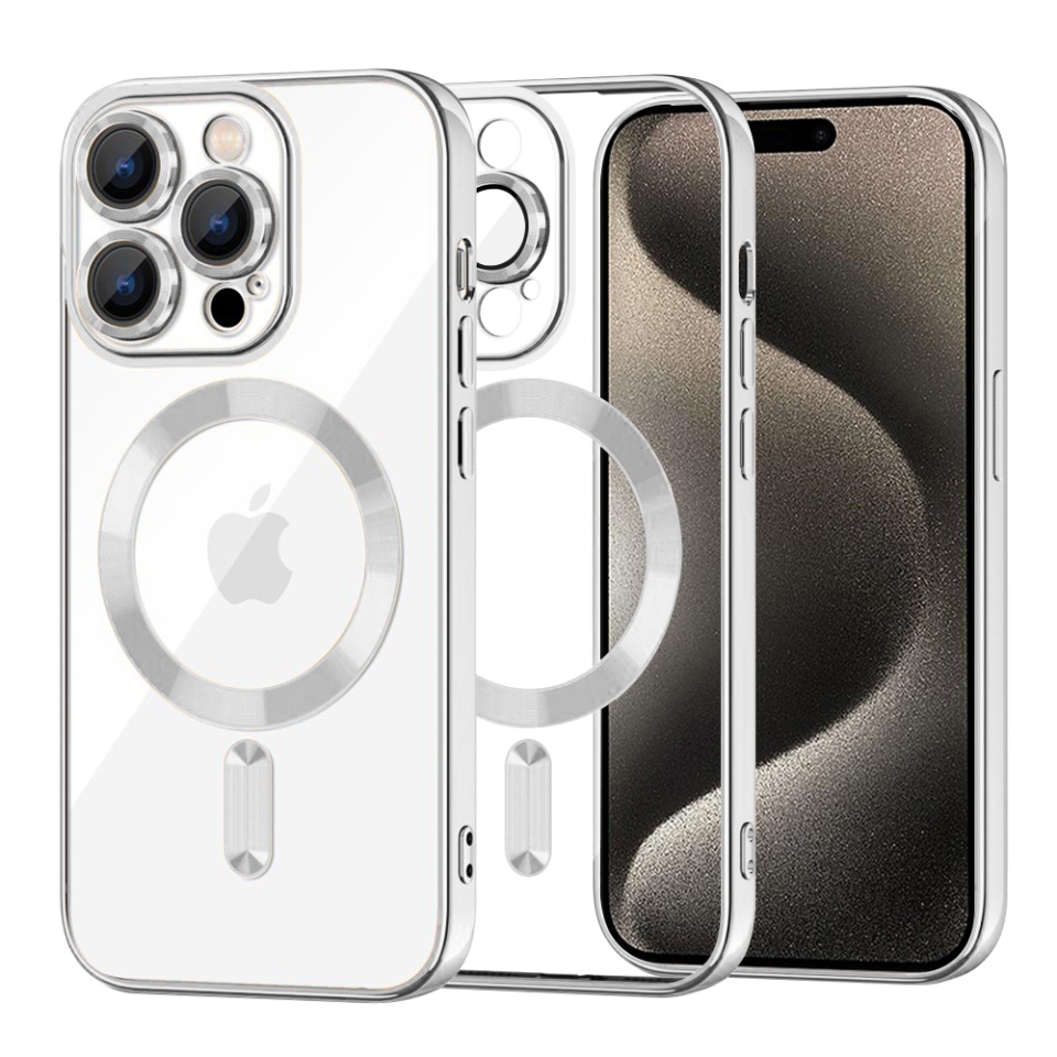Husa pentru iPhone 15 Pro Max, SKYDDAR INNOVATION, Luxury Shield Magsafe, Protectie Antisoc, Argintiu, set cu sticker