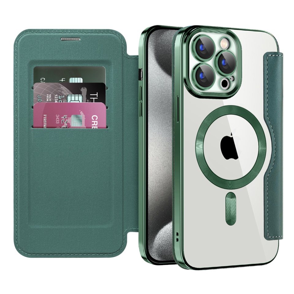 Husa pentru iPhone 15 Pro Max tip carte, SKYDDAR INOVATION, SmartMag Book, Magsafe, RFiD, Suport Carduri, set cu sticker, Verde