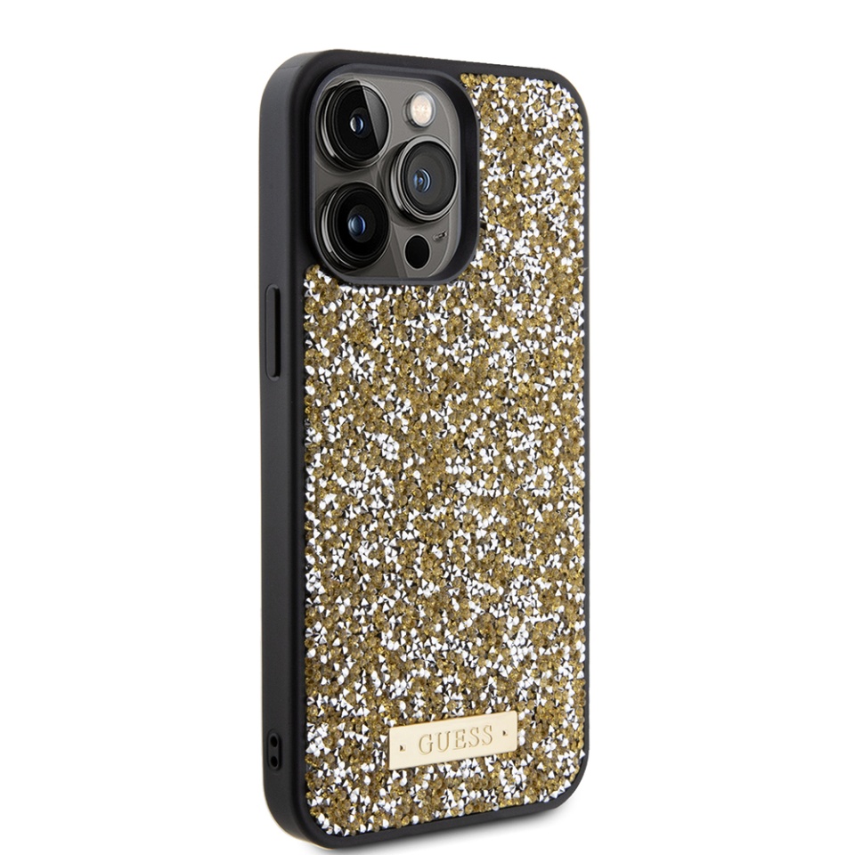 Husa pentru iPhone 15 Pro, Rhinestone Metal Logo, Guess, Galben - 2 | YEO