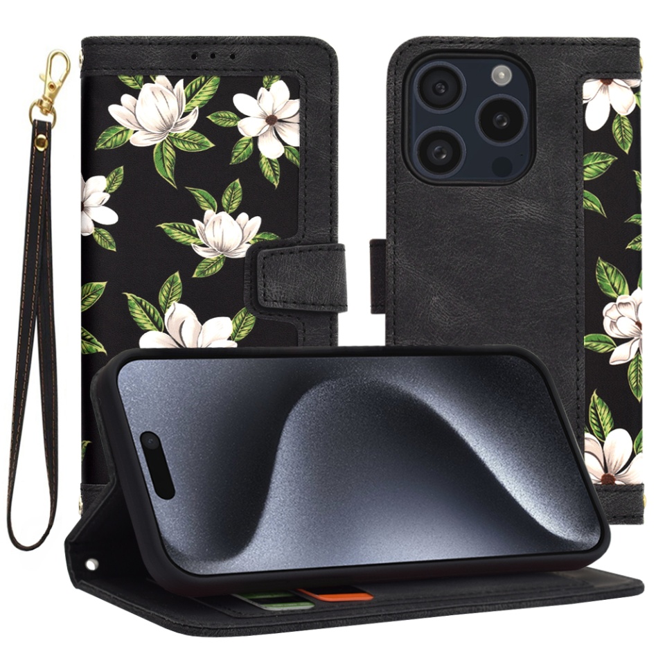 Husa pentru iPhone 15 Pro, SKYDDAR INNOVATION, Floral Wallet, din Piele Ecologică cu Design Floral, Protecție 360°, Stand Integrat, Buzunare pentru Carduri, Negru, set cu sticker