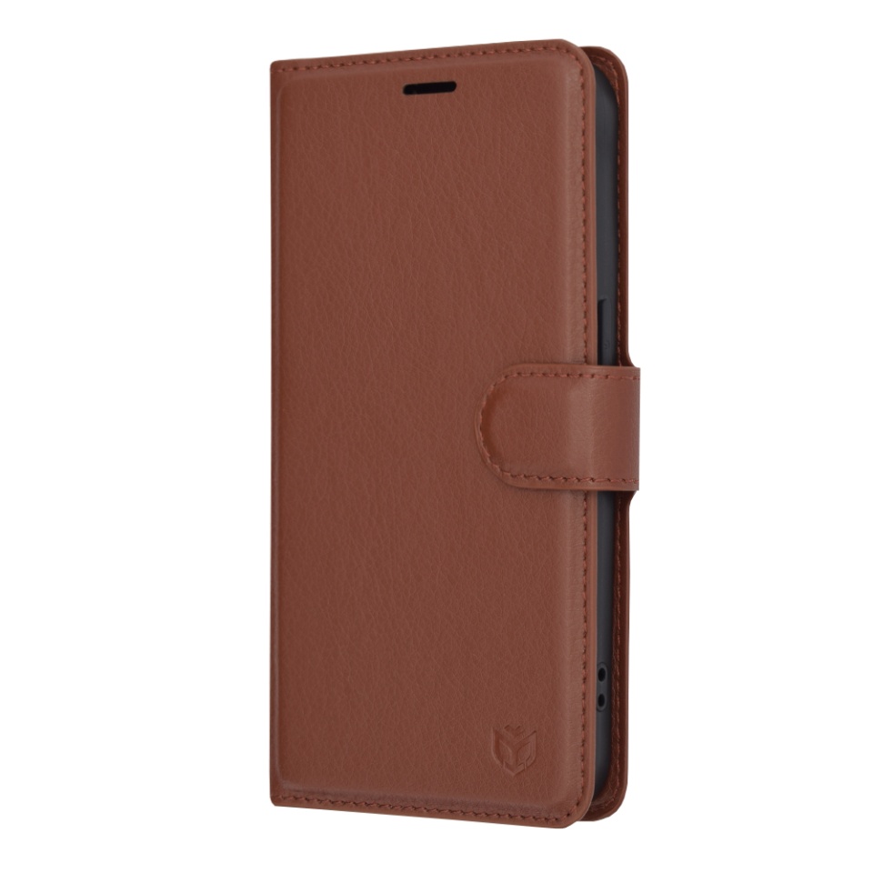 Husa pentru iPhone 15 Pro, SKYDDAR INNOVATION, Leather Folio, tip Carte, cu Portofel Interior, Finisaje Premium, Maro, set cu sticker - 3 | YEO