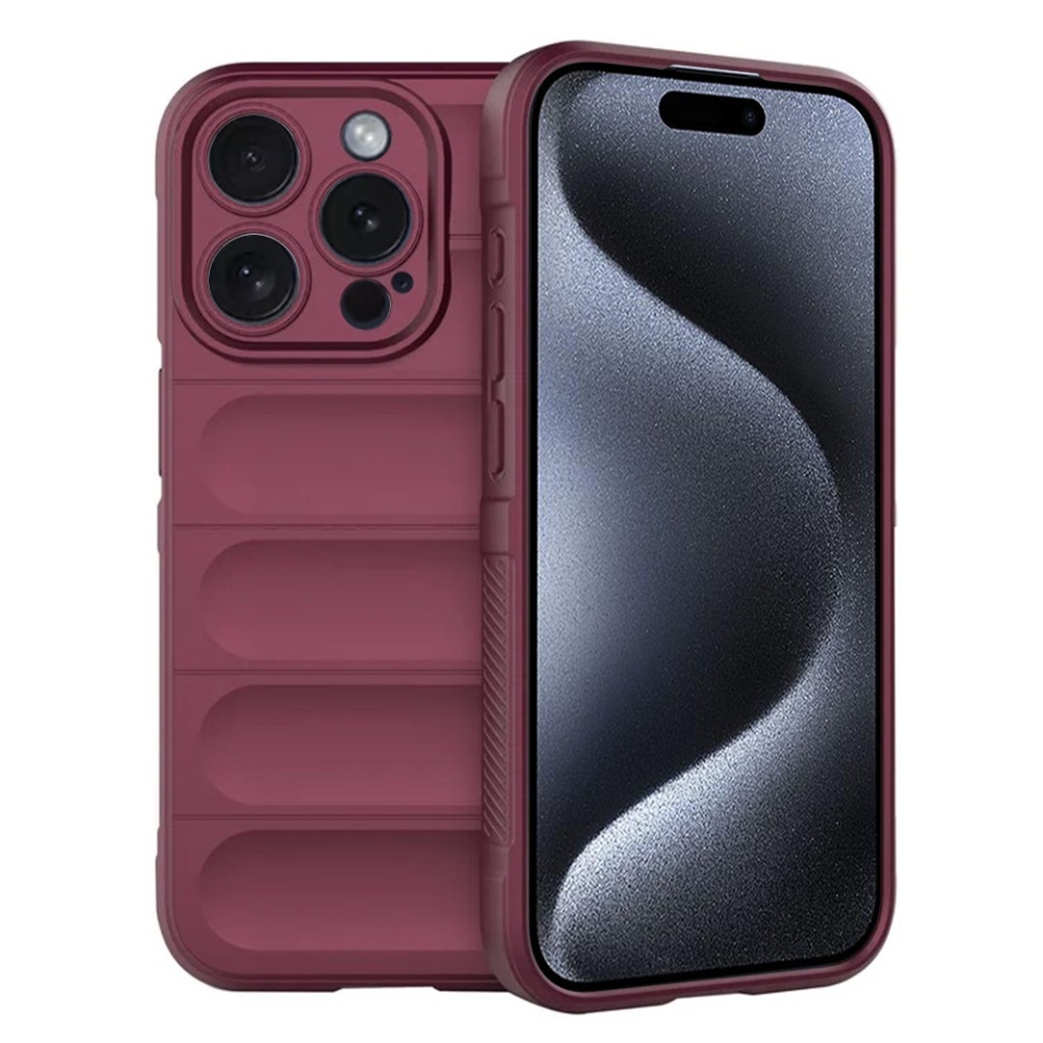 Husa pentru iPhone 15 Pro, SKYDDAR INNOVATION, Magic Shield, din Silicon Mat, set cu sticker, Bordo
