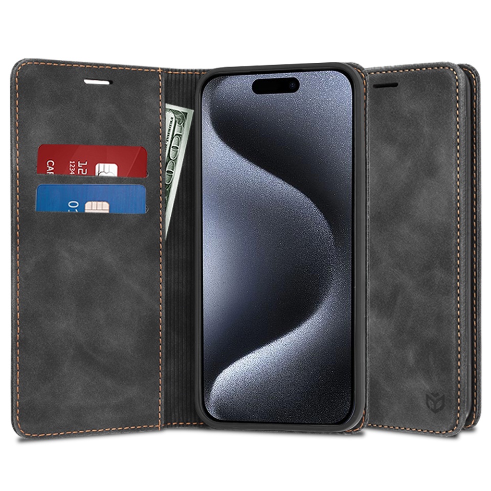 Husa pentru iPhone 15 Pro, SKYDDAR INNOVATION, Soft Wallet, tip Carte din piele Eco Premium, cu Portofel Interior, Negru, set cu sticker