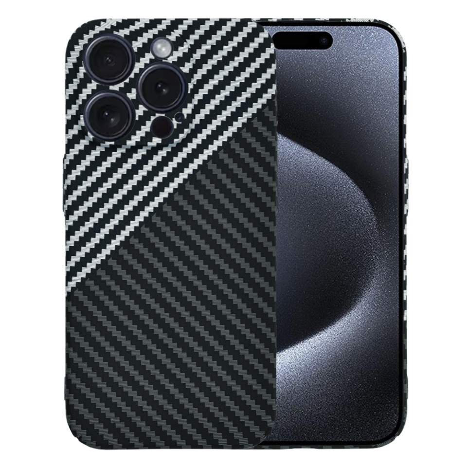 Husa pentru iPhone 15 Pro, SKYDDAR INNOVATION, textura carbon, Carbonite FiberShell, Gri, set cu sticker