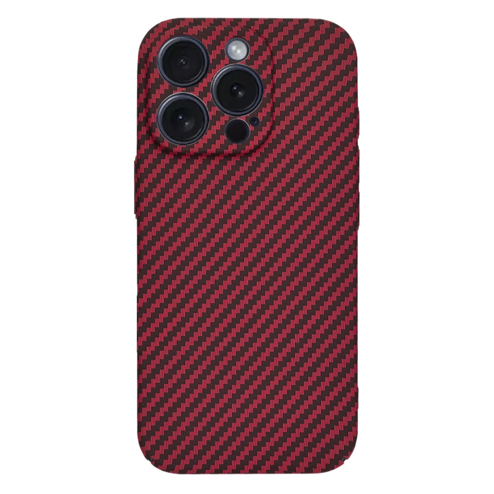 Husa pentru iPhone 15 Pro, SKYDDAR INNOVATION, textura carbon, Carbonite FiberShell, Rosu, set cu sticker - 2 | YEO