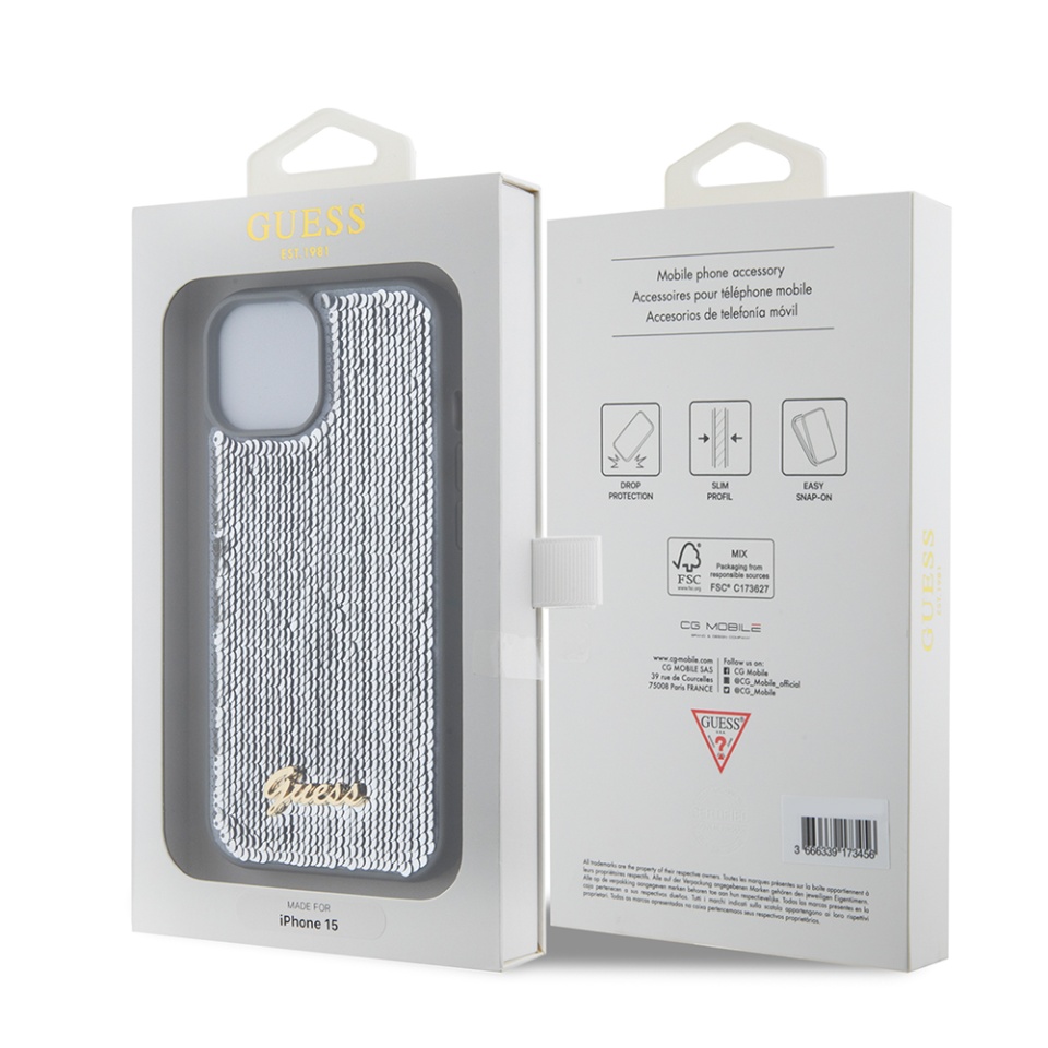 Husa pentru iPhone 15, Sequin Script Metal, Guess - Argintiu - 6