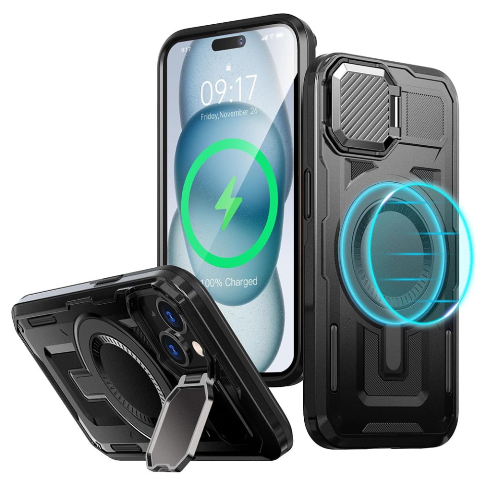 Husa pentru iPhone 15, SKYDDAR INNOVATION, CamVault MagSafe cu Protectie Camera, set cu sticker, Negru