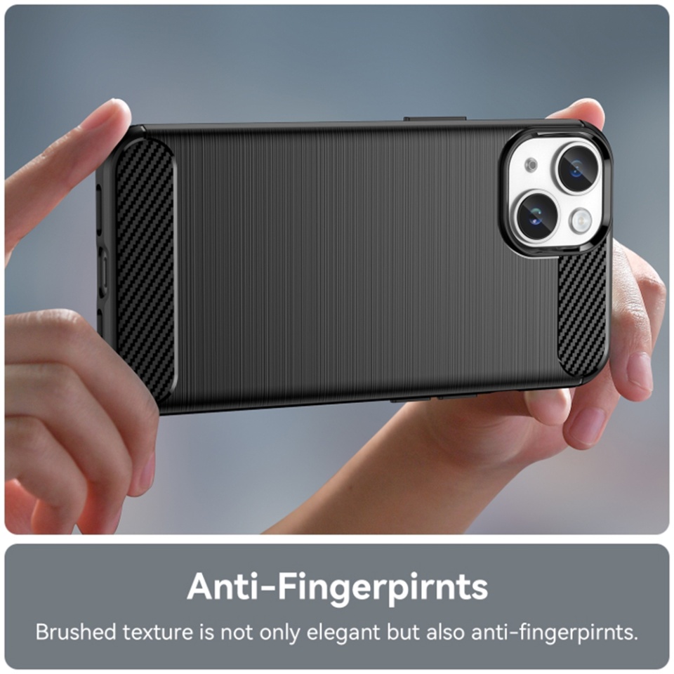 Husa pentru iPhone 15, SKYDDAR INNOVATION, Carbon Silicone, din Silicon Premium, Slim, cu textura Fibra Carbon, Negru, set cu sticker - 2 | YEO