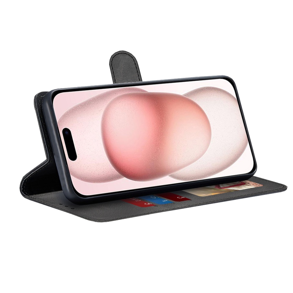 Husa pentru iPhone 15, SKYDDAR INNOVATION, Diary Book, tip carte, cu Portofel Interior, Antisoc, Negru, set cu sticker - 1 | YEO