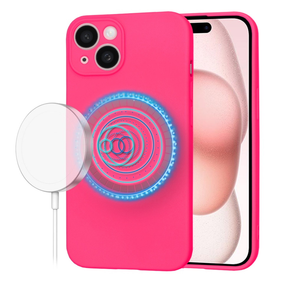 Husa pentru iPhone 15, SKYDDAR INNOVATION, din Silicon Catifelat, SoftFlex Magsafe, Fucsia, set cu sticker