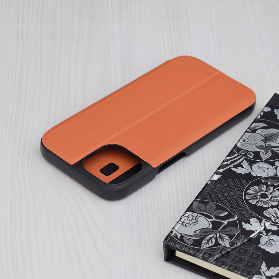Husa pentru iPhone 15, SKYDDAR INNOVATION, eFold, tip carte, Portocaliu, set cu sticker - 1 | YEO