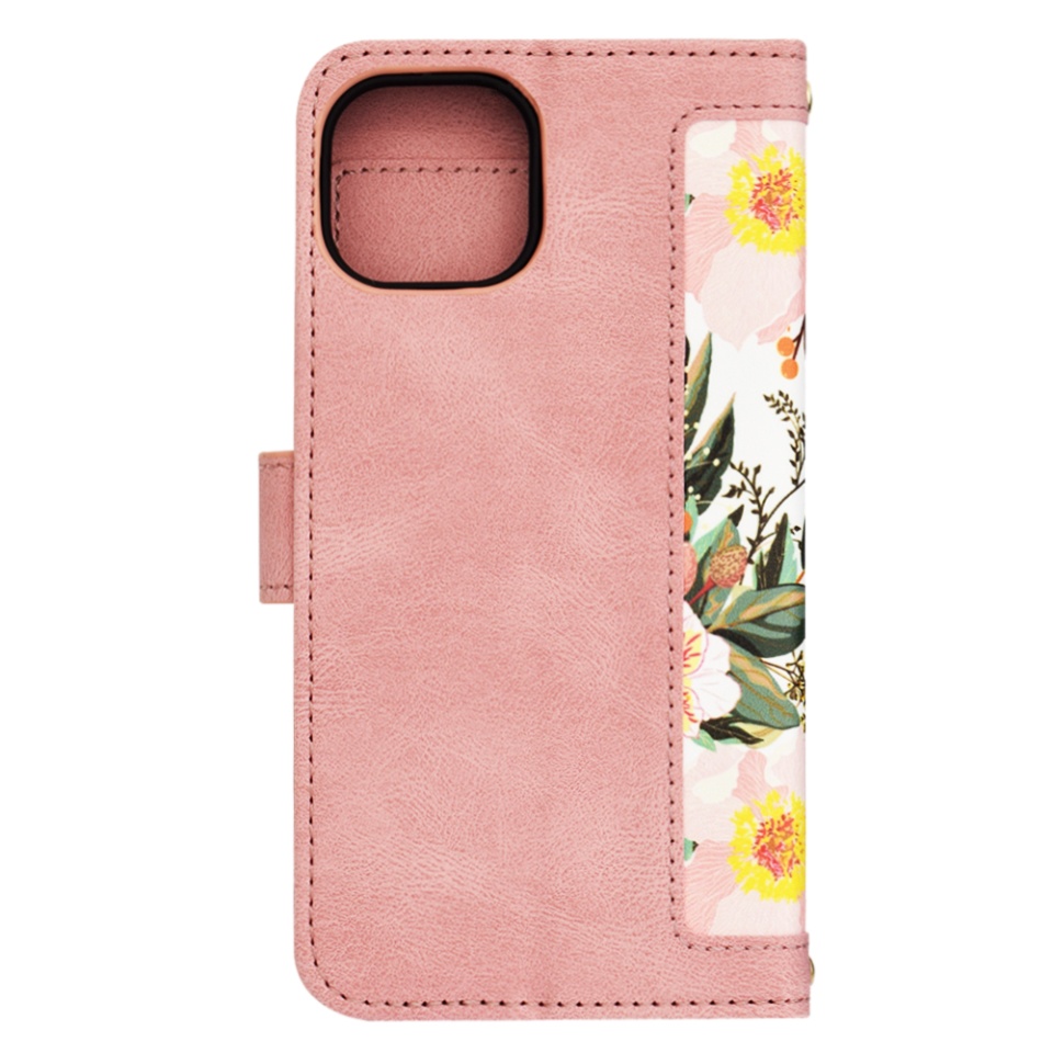 Husa pentru iPhone 15, SKYDDAR INNOVATION, Floral Wallet, din Piele Ecologică cu Design Floral, Protecție 360°, Stand Integrat, Buzunare pentru Carduri, Roz, set cu sticker - 2 | YEO