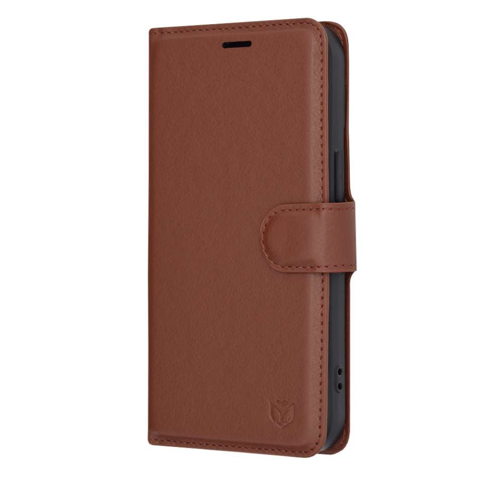 Husa pentru iPhone 15, SKYDDAR INNOVATION, Leather Folio, tip Carte, cu Portofel Interior, Finisaje Premium, Maro, set cu sticker - 3 | YEO