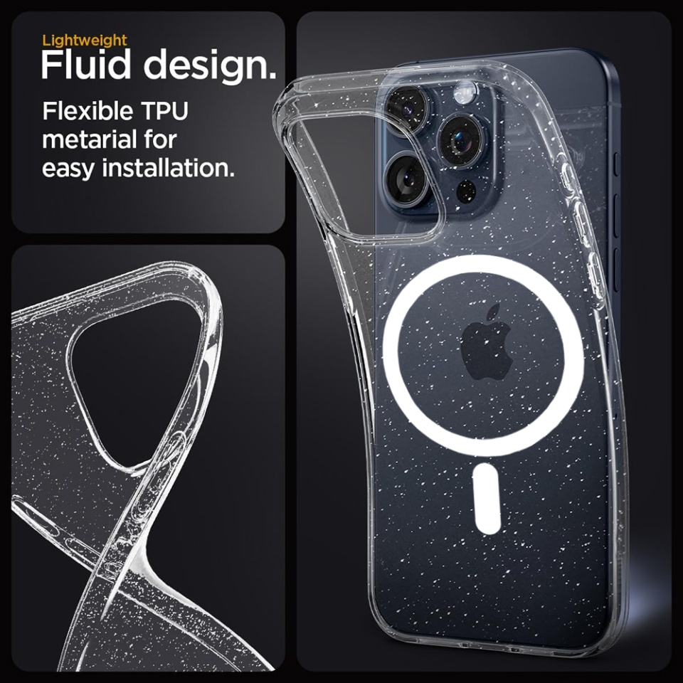Husa pentru iPhone 15, SKYDDAR INNOVATION, SparkleSkin Magsafe, din Silicon TPU cu Sclipici, Design Elegant si Ultra Subtire, Transparenta, set cu sticker - 1 | YEO
