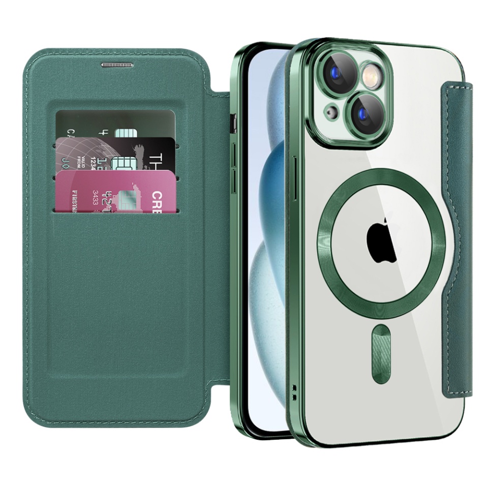 Husa pentru iPhone 15 tip carte, SKYDDAR INOVATION, SmartMag Book, Magsafe, RFiD, Suport Carduri, set cu sticker, Verde