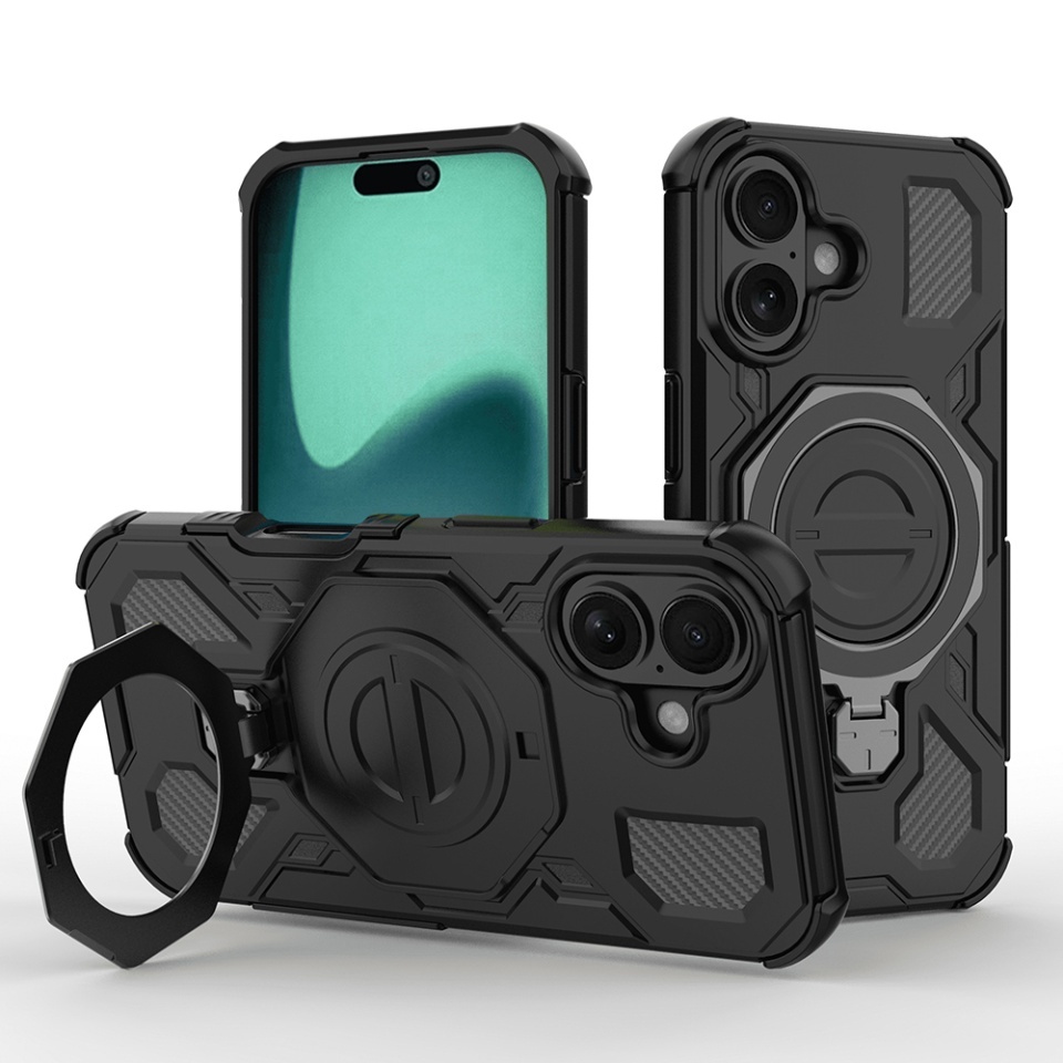 Husa pentru iPhone 16, Antisoc, SKYDDAR INOVATION, Carbon Shield PRO, Magsafe, set cu sticker, Negru
