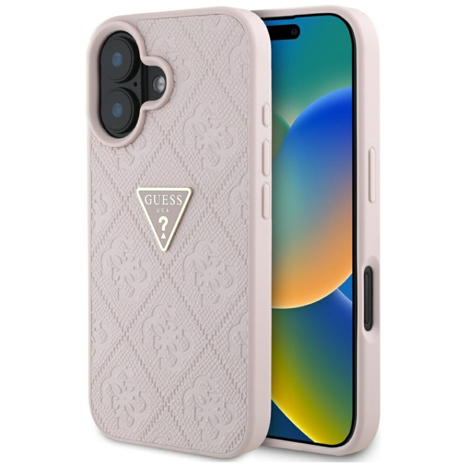 Husa pentru iPhone 16, Guess 4G Metal Logo, Protectie Slim, Compatibila, Roz