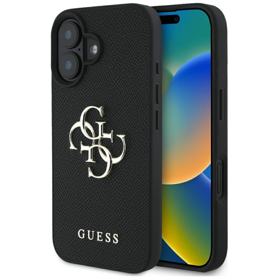 Husa pentru iPhone 16, Guess, Hardcase Grained Big 4G Logo Small Classic Logo, Protectie Slim, Negru