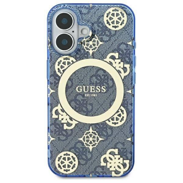 Husa pentru iPhone 16, Guess MagSafe Denim Pattern, Compatibila, Cadru Silicon, Logo Auriu, Design Slim, Albastru - 2 | YEO