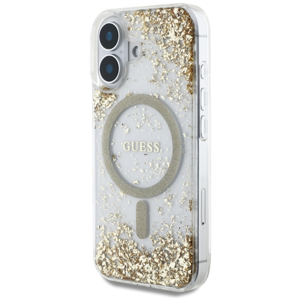 Husa pentru iPhone 16, Hardcase Resin Bottom Glitter MagSafe, Guess - Auriu - 1 | YEO