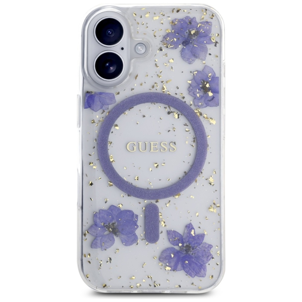 Husa pentru iPhone 16, Hardcase Resin Flowers and Glitter MagSafe, Guess - Mov - 1 | YEO
