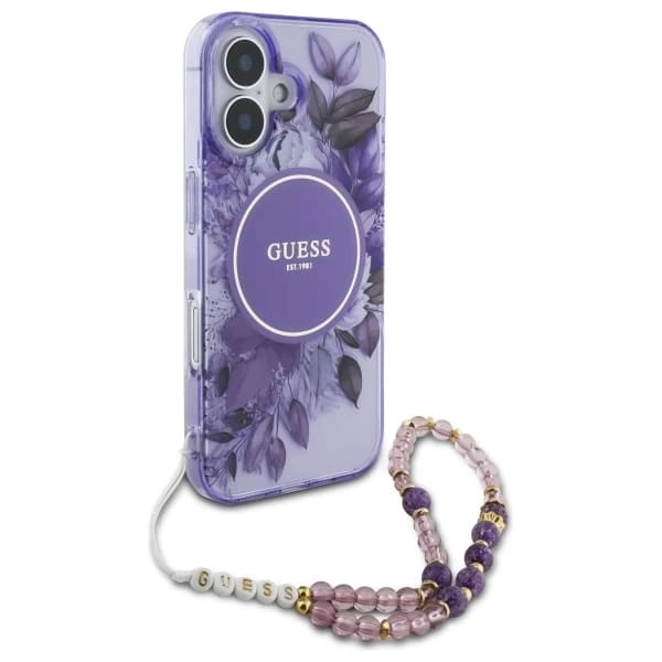 Husa pentru iPhone 16, IML Flowers with Pearl Strap MagSafe, Guess - Mov - 3 | YEO