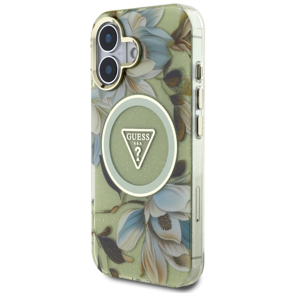 Husa pentru iPhone 16, IML Flowers with Pearl Strap MagSafe, Guess - Verde - 2 | YEO