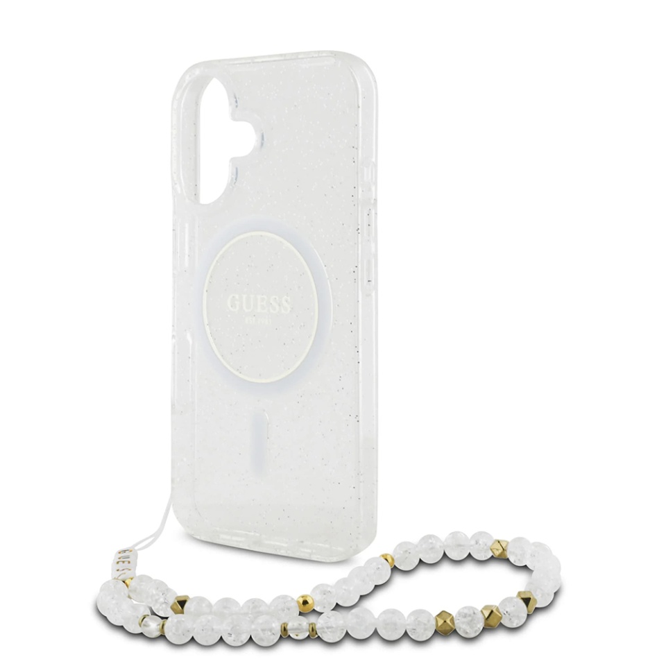 Husa pentru iPhone 16, IML Glitter with Pearl Strap MagSafe, Guess - Transparenta - 1 | YEO
