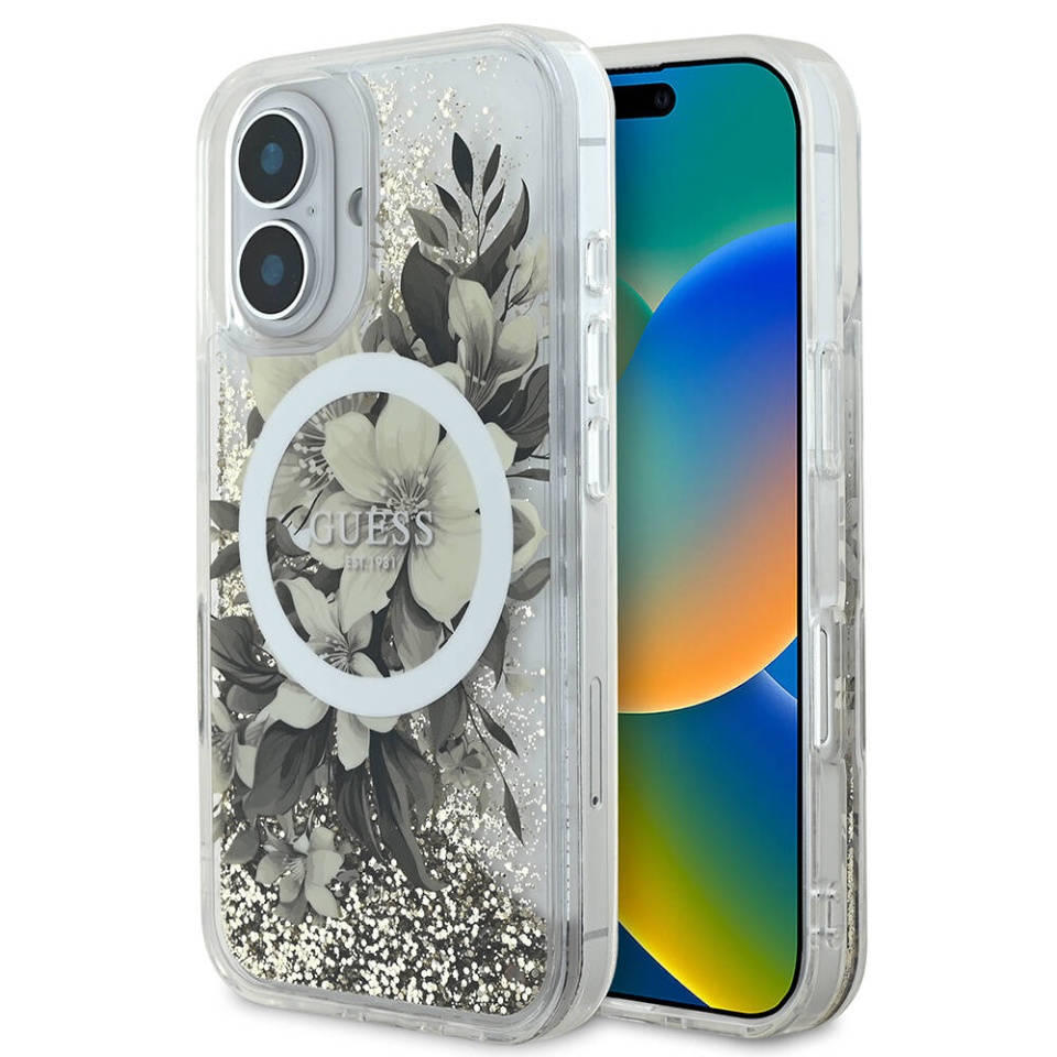 Husa pentru iPhone 16 Liquid Glitter Flower MagSafe, Guess - Bej