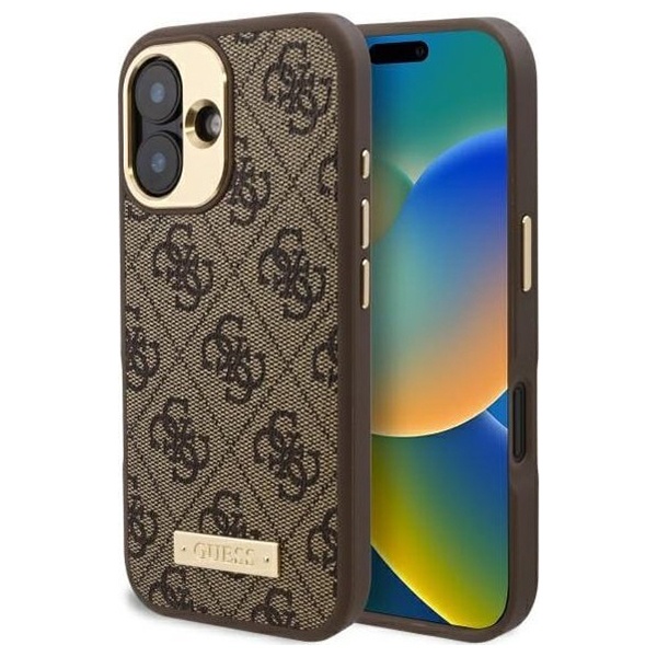 Husa pentru iPhone 16 Plus, Guess, Hardcase 4G Logo Plate MagSafe, Maro