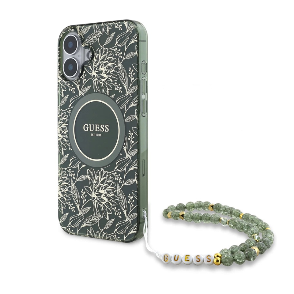 Husa pentru iPhone 16 Plus, IML Flowers Allover Electro With Pearl Strap MagSafe, Guess - Verde