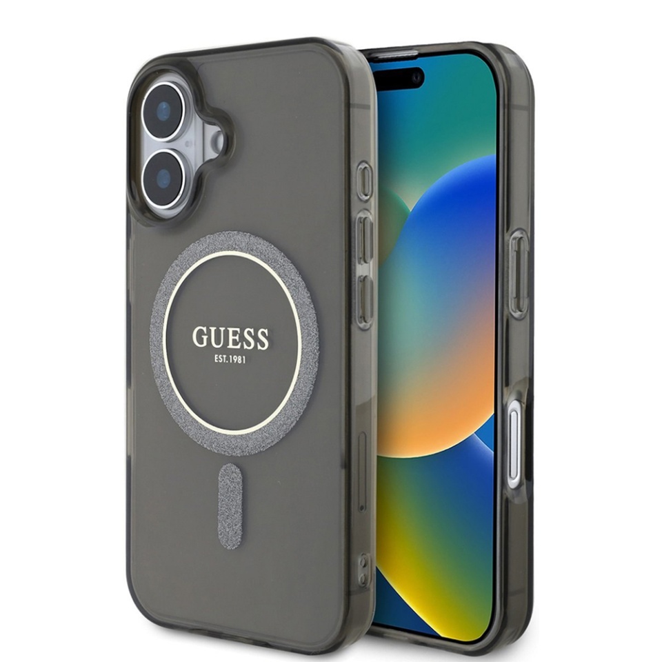 Husa pentru iPhone 16 Plus IML Glitter Circle MagSafe, Guess - Negru