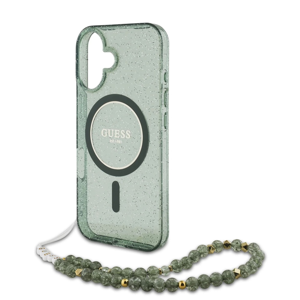 Husa pentru iPhone 16 Plus, IML Glitter with Pearl Strap MagSafe, Guess - Verde - 3 | YEO