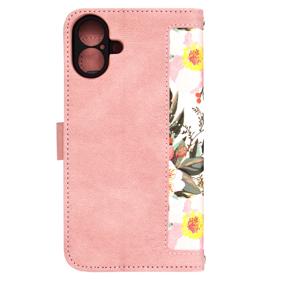 Husa pentru iPhone 16 Plus, SKYDDAR INNOVATION, Floral Wallet, din Piele Ecologică cu Design Floral, Protecție 360°, Stand Integrat, Buzunare pentru Carduri, Roz, set cu sticker - 1 | YEO