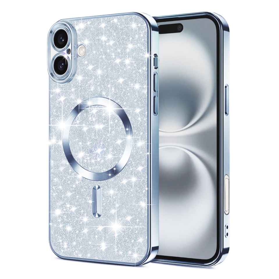 Husa pentru iPhone 16 Plus, SKYDDAR INNOVATION, Luxury Glitter Magsafe, Antisoc, Fundal Detasabil 2-in-1, Protectie Superioara, Margini Ridicate, Bleu, set cu sticker