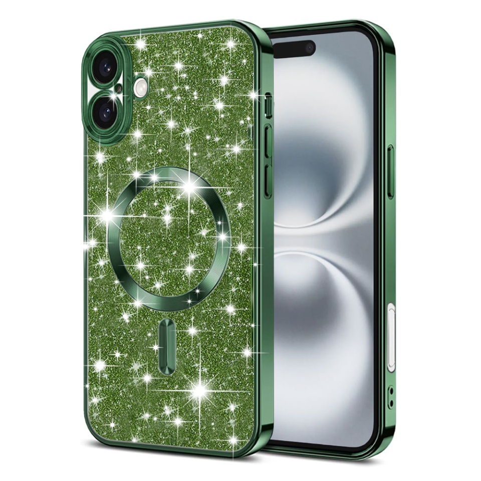 Husa pentru iPhone 16 Plus, SKYDDAR INNOVATION, Luxury Glitter Magsafe, Antisoc, Fundal Detasabil 2-in-1, Protectie Superioara, Margini Ridicate, Verde, set cu sticker