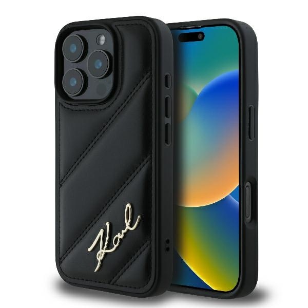 Husa pentru iPhone 16 Pro Max, Diagonal Quilted Script, Karl Lagerfeld - Negru