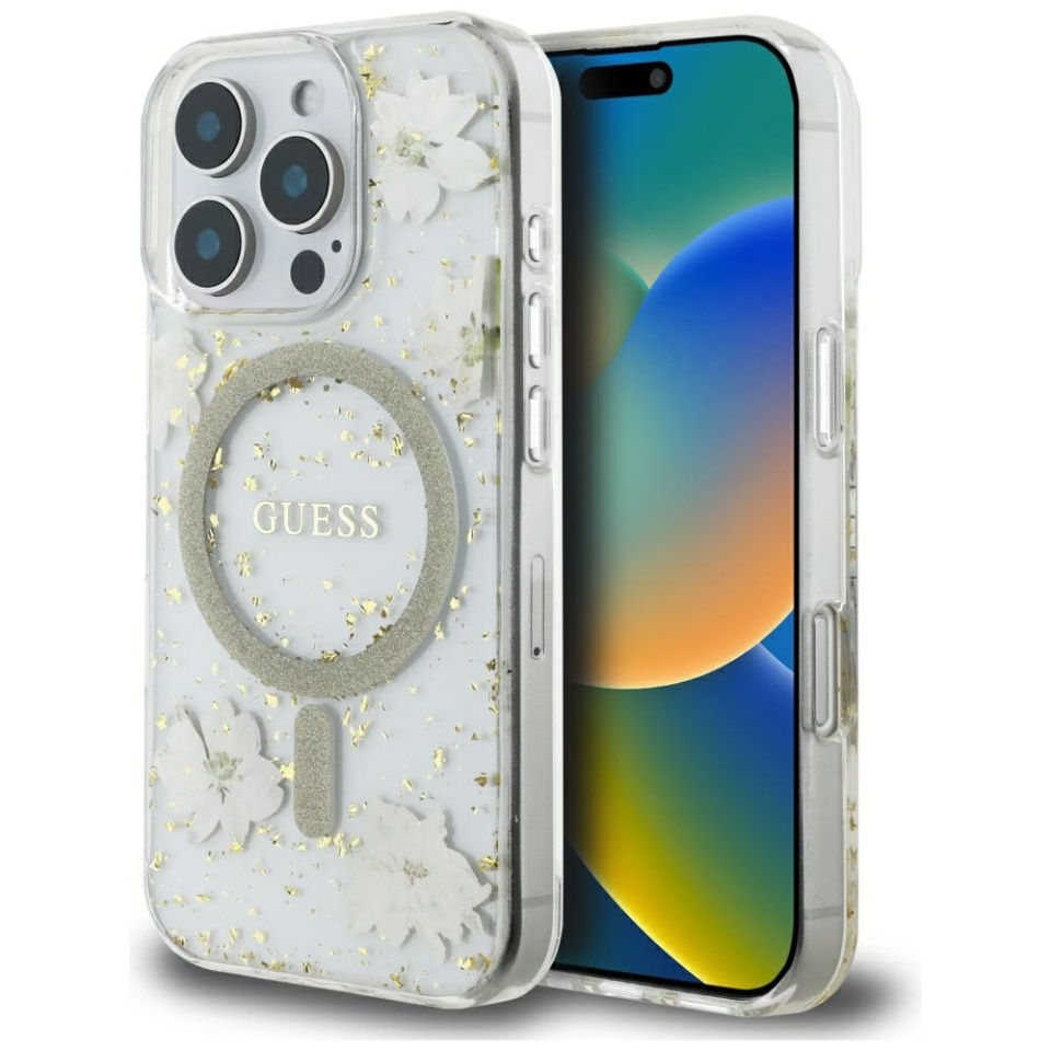 Husa pentru iPhone 16 Pro Max, Hardcase Resin Flowers and Glitter MagSafe, Guess - Bej