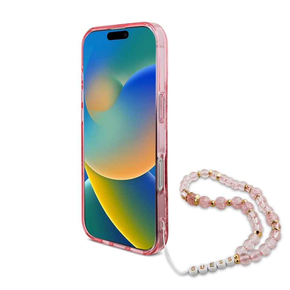 Husa pentru iPhone 16 Pro Max, IML Flowers with Pearl Strap MagSafe, Guess - Roz - 2 | YEO
