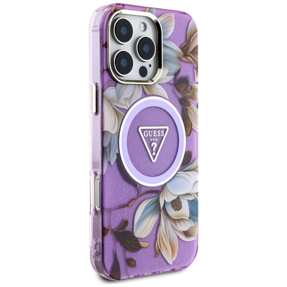 Husa pentru iPhone 16 Pro Max, IML Flowers with Pearl Strap MagSafe, Guess - Mov - 2 | YEO