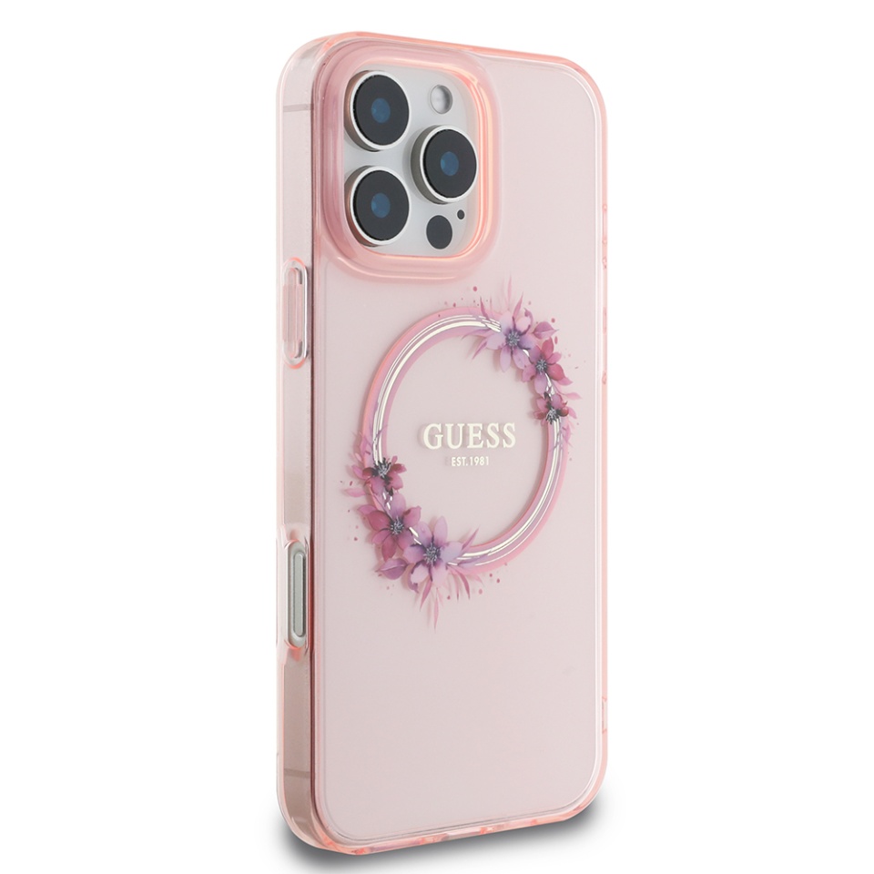 Husa pentru iPhone 16 Pro Max, IML Flowers Wreath MagSafe, Guess - Roz - 3 | YEO