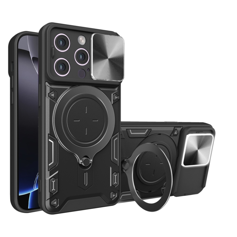 Husa pentru iPhone 16 Pro Max, SKYDDAR INNOVATION, CamGuard Pro, Inel Magnetic, Protectie Camera, Negru, set cu sticker