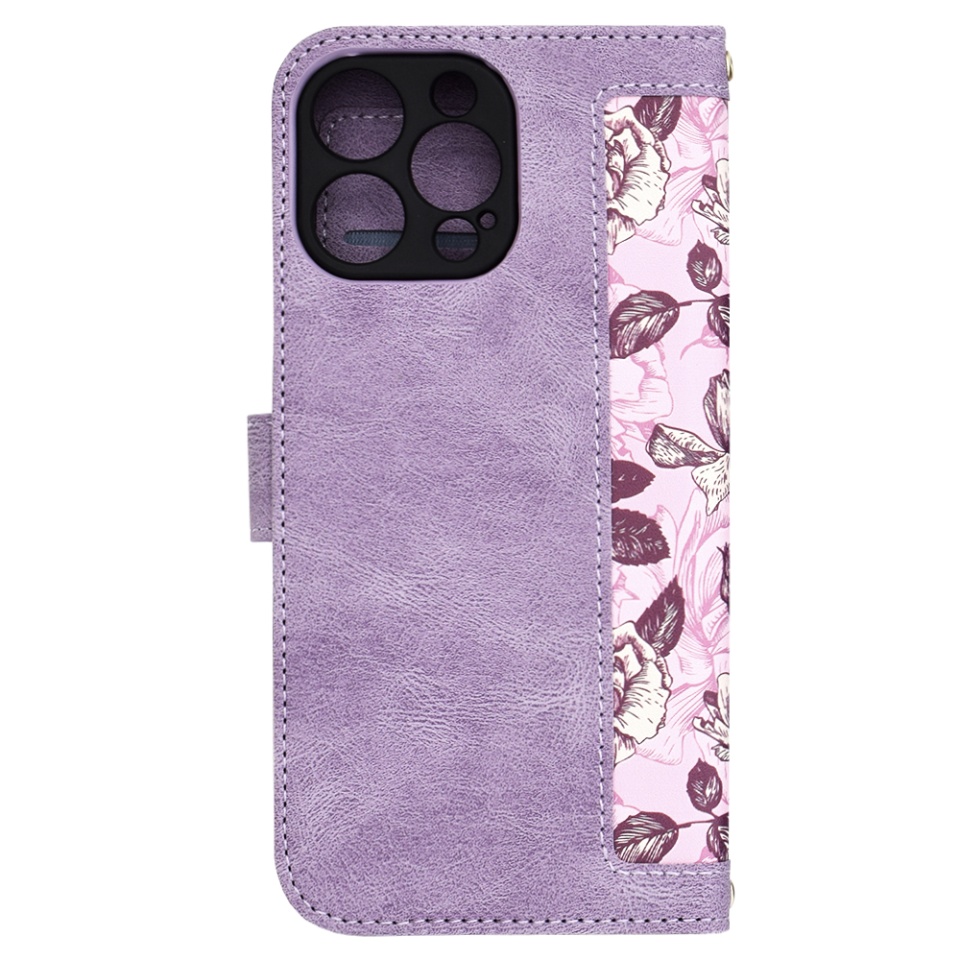 Husa pentru iPhone 16 Pro Max, SKYDDAR INNOVATION, Floral Wallet, din Piele Ecologică cu Design Floral, Protecție 360°, Stand Integrat, Buzunare pentru Carduri, Mov, set cu sticker - 1 | YEO