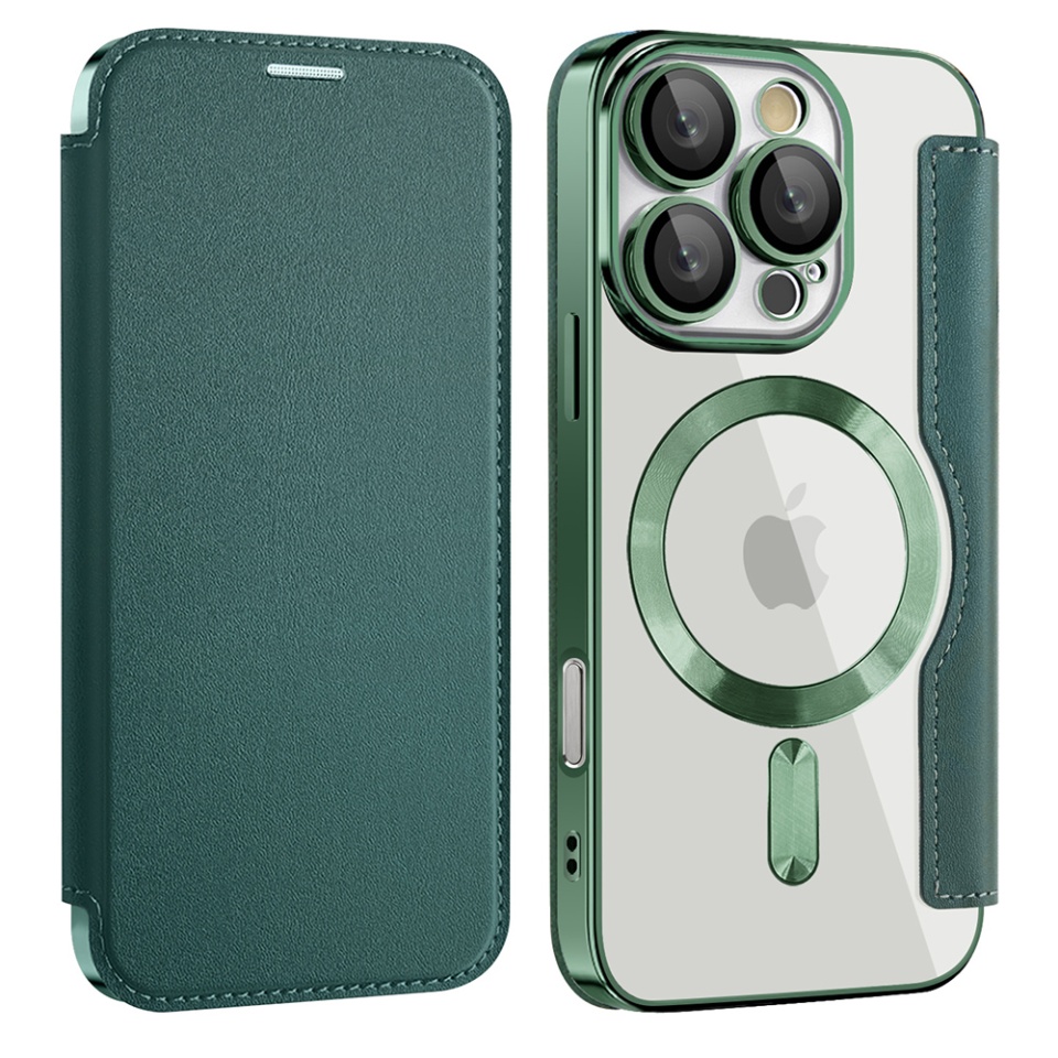Husa pentru iPhone 16 Pro Max tip carte, SKYDDAR INOVATION, SmartMag Book, Magsafe, RFiD, Suport Carduri, set cu sticker, Verde - 1 | YEO
