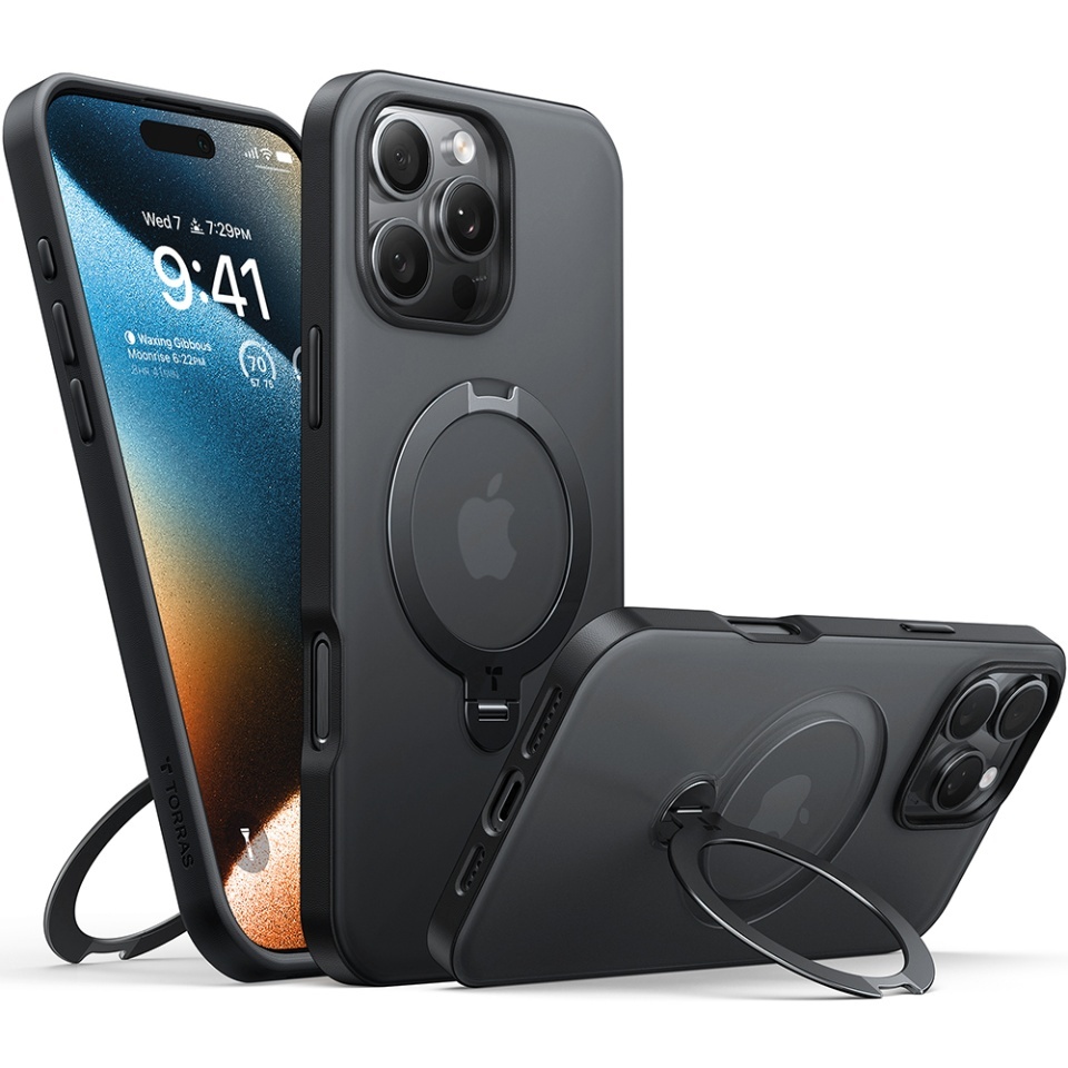 Husa pentru iPhone 16 Pro Max, Torras Ostand Spin MagSafe, Negru