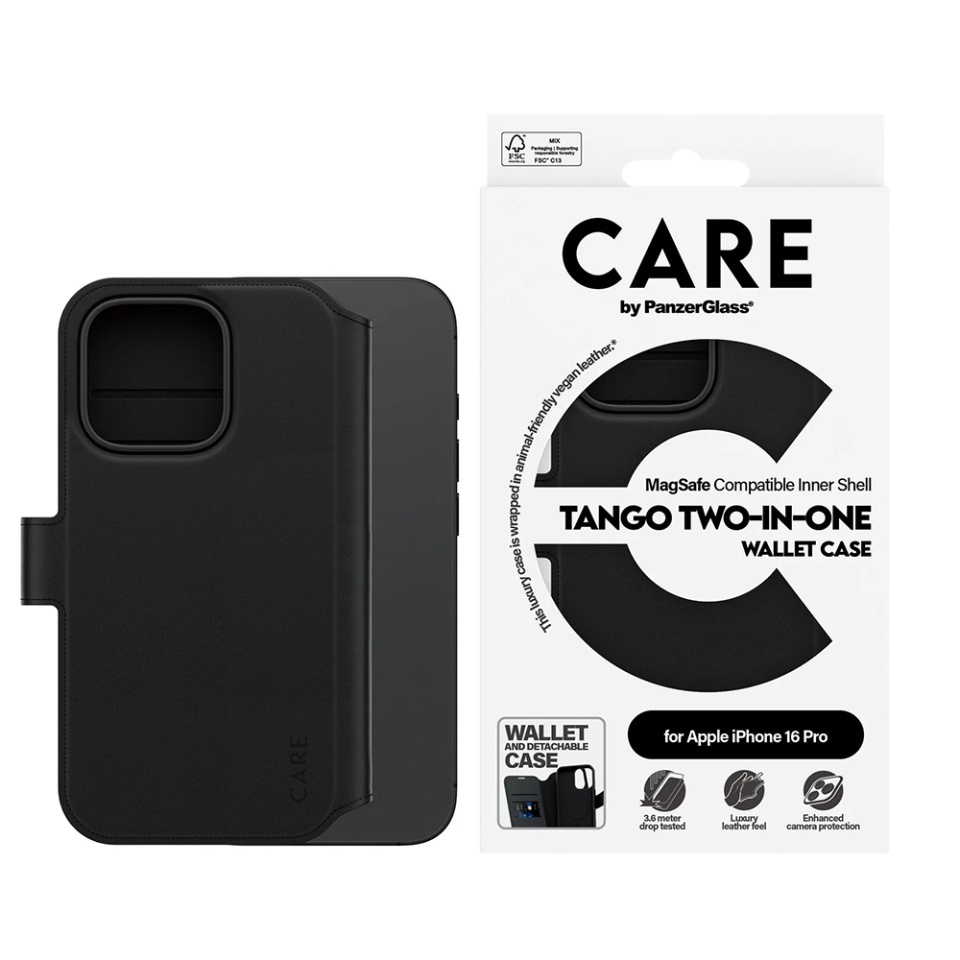 Husa pentru iPhone 16 Pro, PanzerGlass, CARE Feature MagSafe Case Tango Two-in-One Wallet, Tip Carte Detasabila 2in1 cu Portofel si Prindere Magnetica, Piele Ecologica, Antisoc, Negru - 2 | YEO