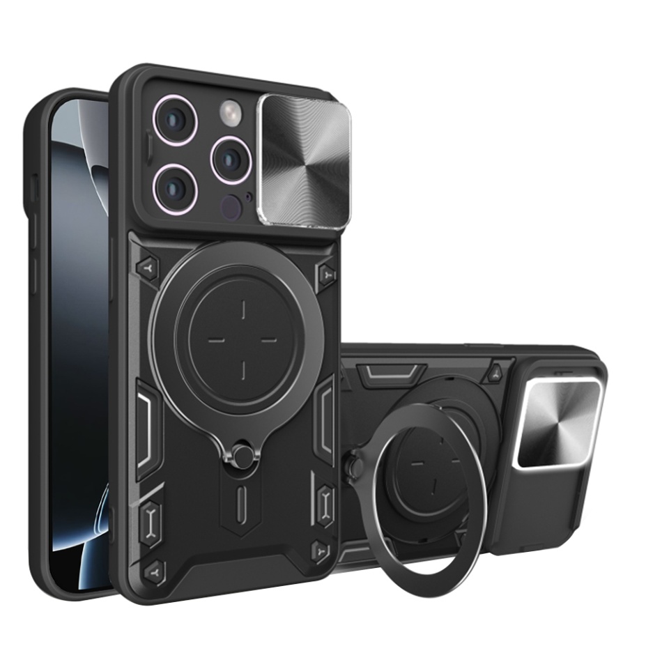 Husa pentru iPhone 16 Pro, SKYDDAR INNOVATION, CamGuard Pro, Inel Magnetic, Protectie Camera, Negru, set cu sticker